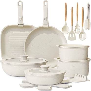 Astercook 22 Piece Pots and Pans Set Non Stick, Cookware Set with Detachable Handles, Oven Safe, Induction Ready, Stackable RV Kitchen Cooking Set, Cream White