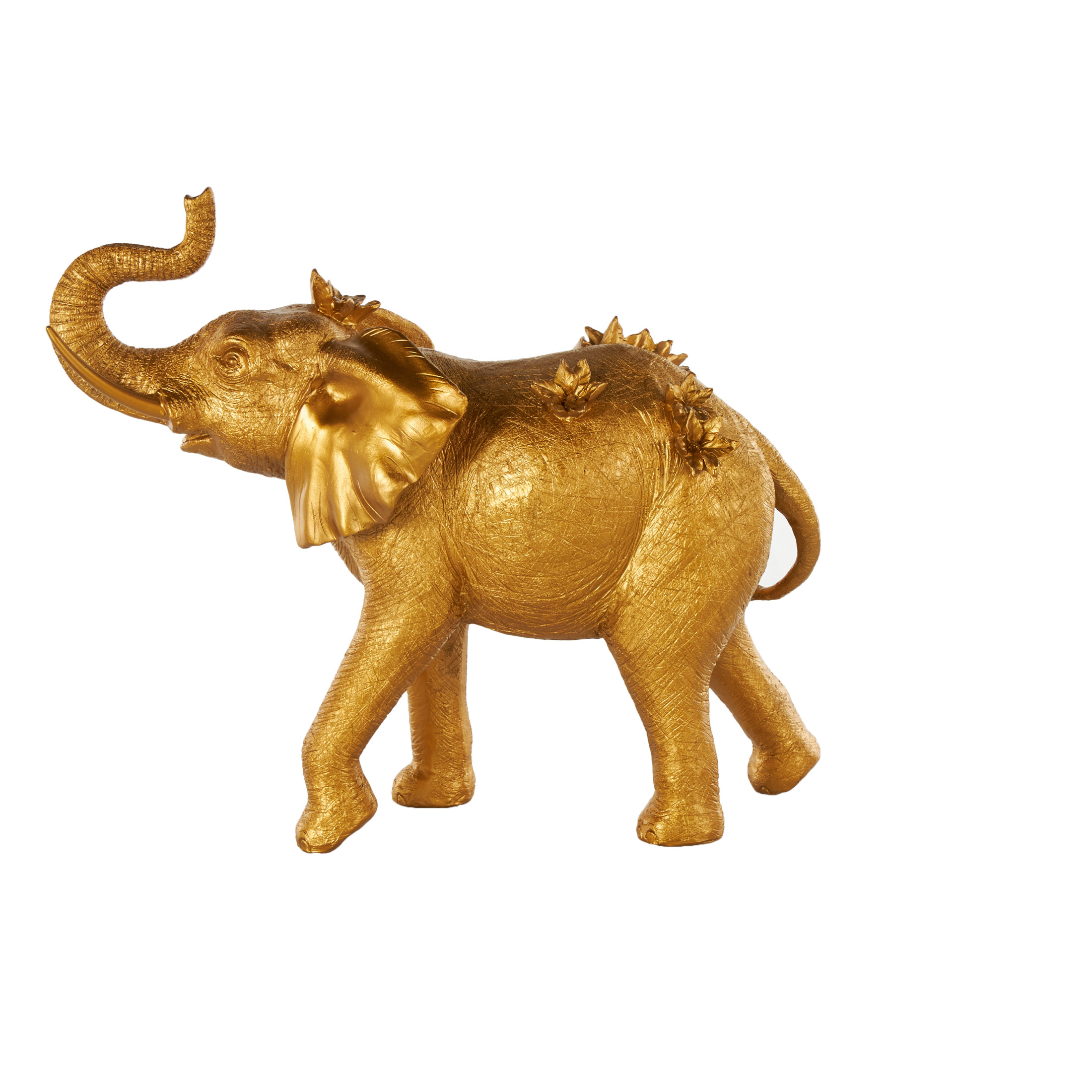 22" x 19" Gold Resin Walking Elephant Sculpture with Floral Accents, by DecMode
