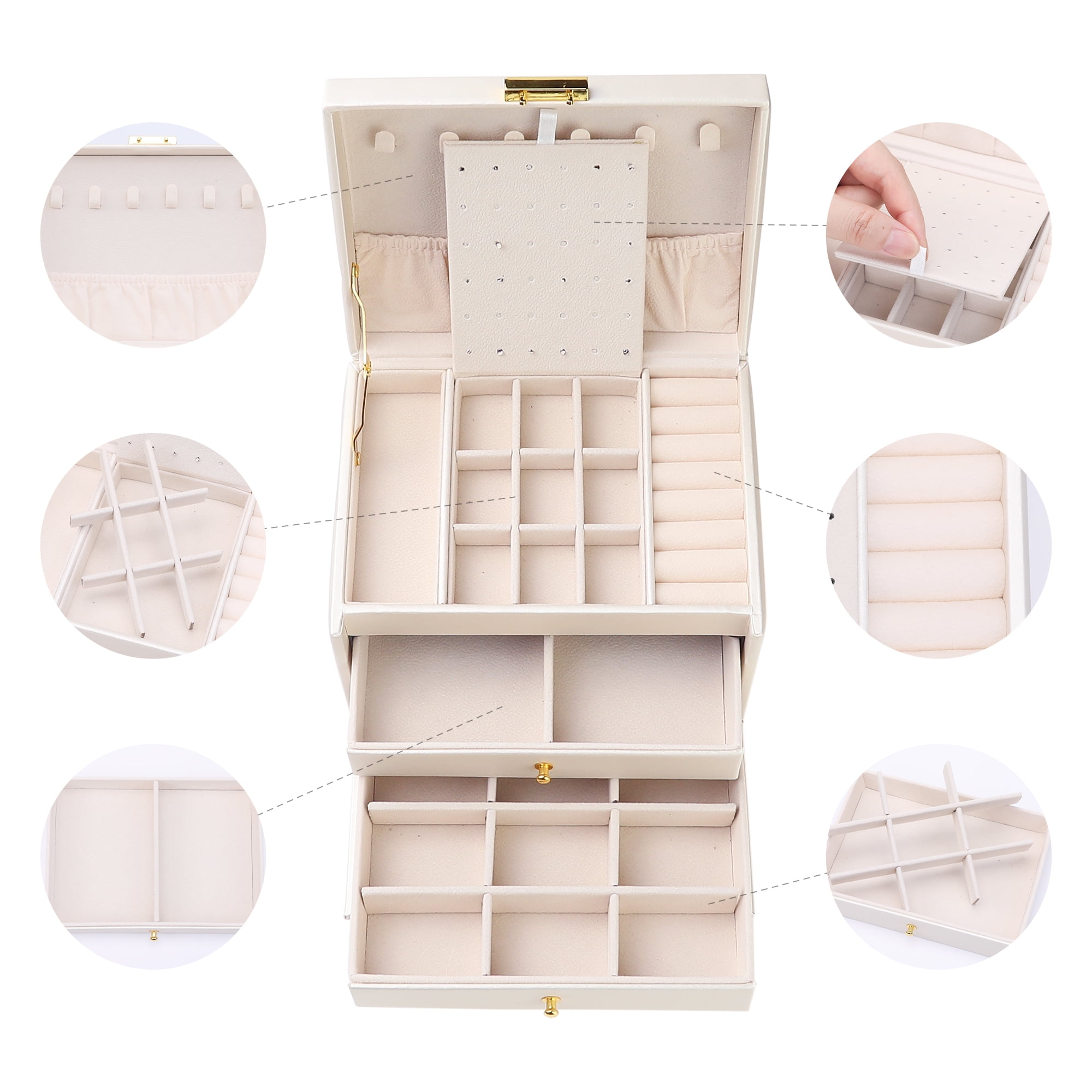 Unique Bargains 3 Layer Jewelry Box PU Leather Jewelry Organizer Case with Drawer White