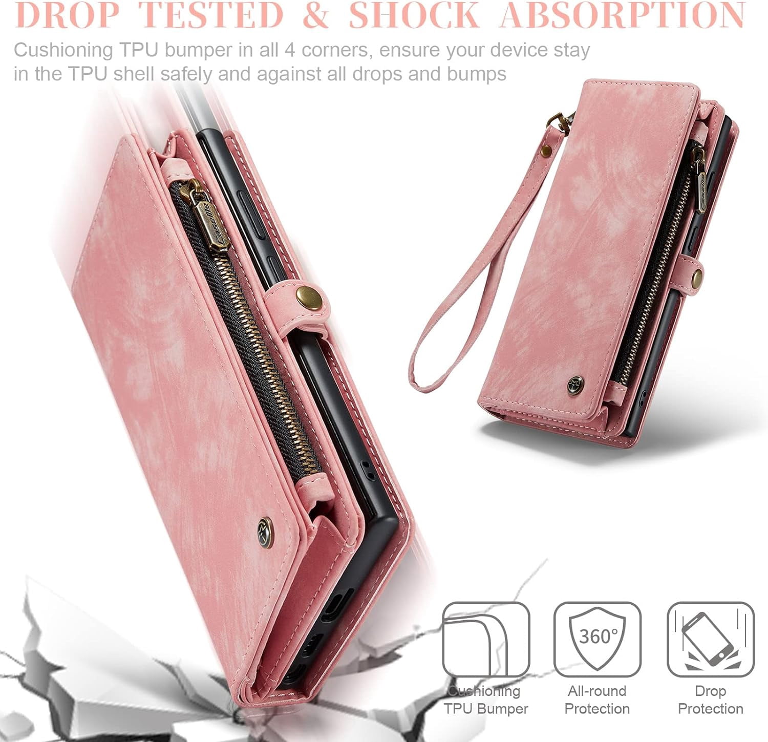 2 in 1 Detachable for Samsung Galaxy S23 Ultra Wallet Case with Card Holder, Retro Premium Flip Leather Cover  Zipper Pocket Phone Cases 6.8'' (Pink,S23 Ultra)