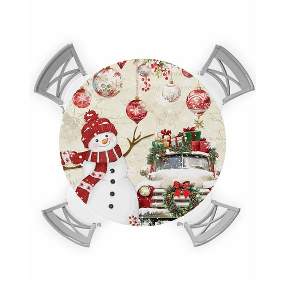 nqOlkjepod Vintage Christmas Round Tablecloth, Fitted Table Cover with Elastic for 45"-54" Round Tables, Snowman Truck Xmas Balls Snowflake Table Cloth Outdoor Dinning Party Waterproof Tablecloths