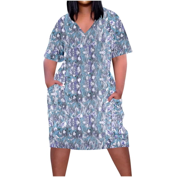 Vestido Corto de Verano Moda Grande Impresión de Manga Corta Cuello en V Bolsillo Mini Vestido para Casual Y Diario
