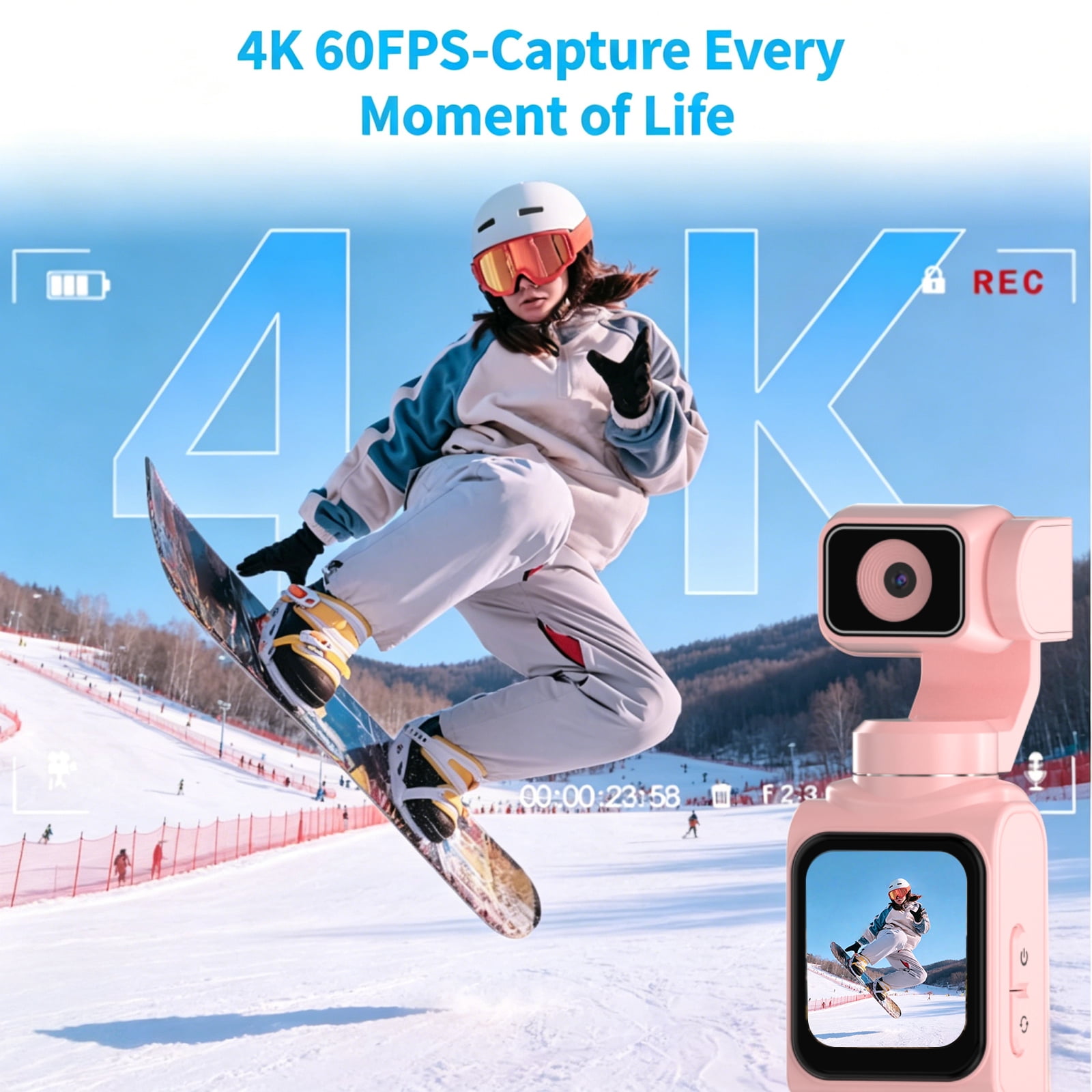 Ourlife Handheld Gimbal WIFI Camera 4K - 64MP Autofocus, 18x Zoom, Touchscreen, Face Tracking, Action Cam Travel Pocket Vlogging Camera with 64GB Card, Pink