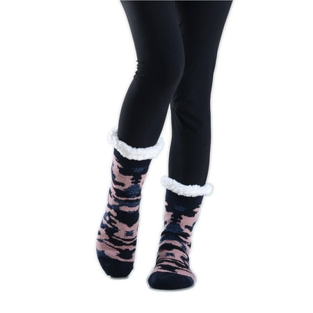 

Women Camo Print Faux Sherpa Slipper Socks One-Size 9-11 Navy Blue Pink