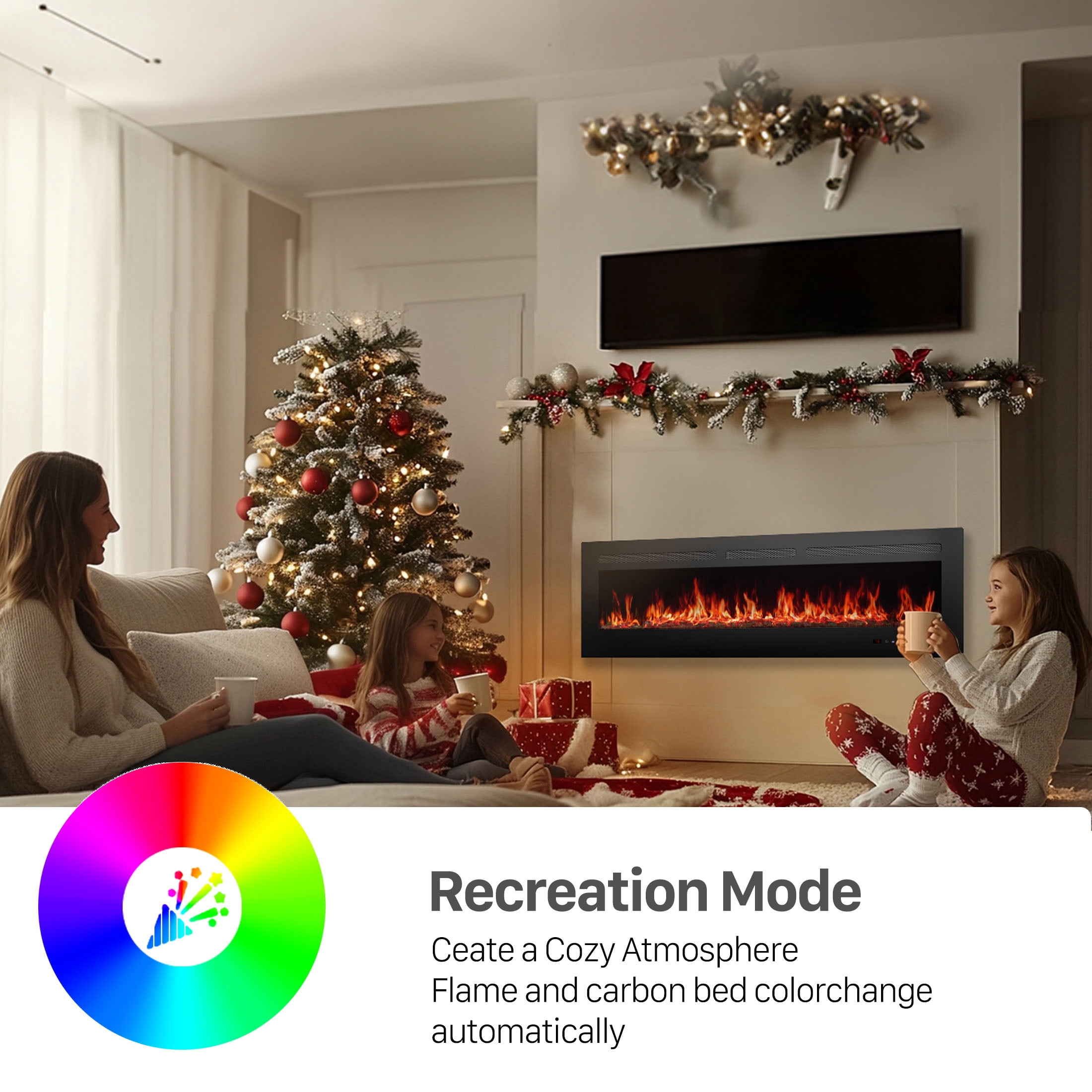 edx 60'' Electric Fireplace, 1500W/750W Wall Mount or Recessed Fireplace Insert and Freestanding, Electric Fireplace Heater with Remote Control,13 Adjustable Flame Color, 12H Timer, Touch Screen