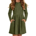 thumbnail image 2 of Lutiedan Long Sleeve Dresses for Girls Ribbed Knit Stretch A Line Dress Fall Winter Mock Neck Casual Dress Size 5-15,Green, 2 of 8