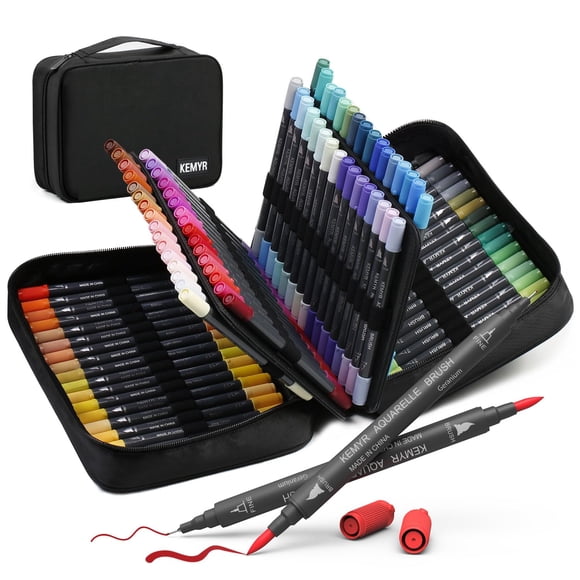 KEMYR Marqueurs pour Livres de Coloriage pour Adultes : Ensemble de 100 Couleurs Marqueurs à Double Pointe Stylos Fins & Pinceau Marqueurs d'Art à Base d'Eau pour Adultes