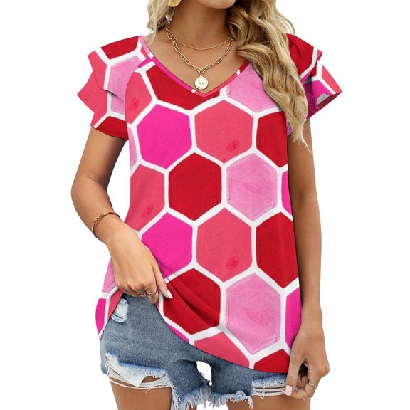 T-Shirt Women'S Hexagon Honeycomb Pattern – Valentine Palette Lotus Leaf Neck Long Sleeve Women's Elegant Fashion Tops & Tees
