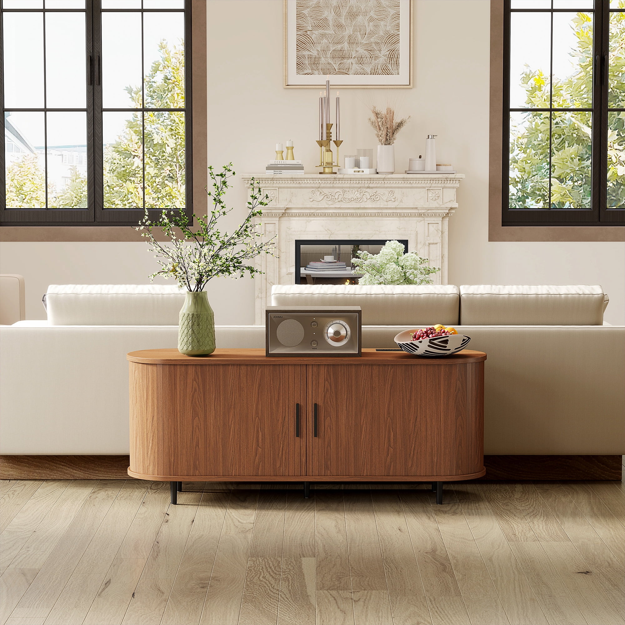Walnut 55" TV Stand with Power Outlet, Modern Entertainment Center for TVs up to 60", Media Console with Storage Shelves & Sliding Doors