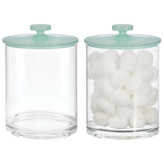 mDesign Large Modern Apothecary Storage Organizer Canister Jars - Plastic Containers for Bathroom, Organization Holder for Vanity, Counter, Makeup Tables, Lumiere Collection, 2 Pack, Clear/Mint Green