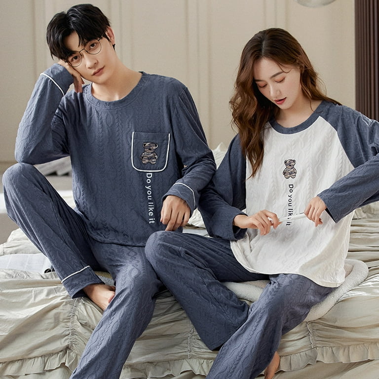 Korean Men Pijamas Set Cotton Women Pajamas Set Autumn Sleepwear Casual Loungewear hombre Mujer Home Clothing Pyjamas Suit Walmart