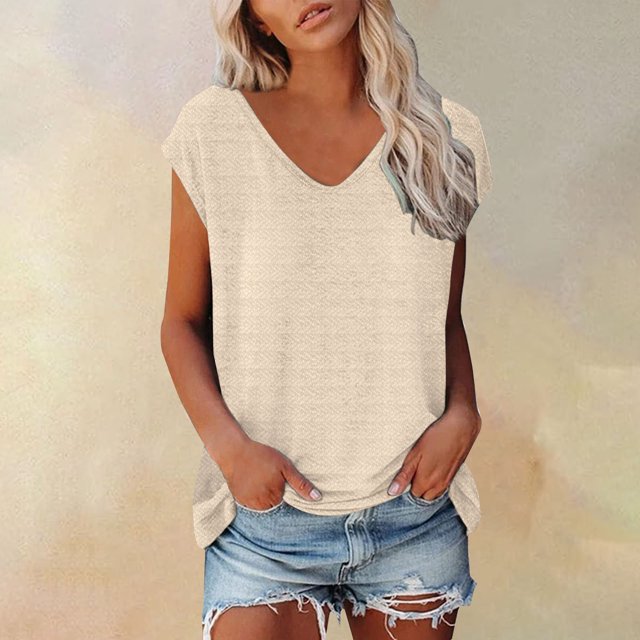 YLHFASHION T-shirt à Manches Courtes Col en V Texture Géométrique Simple et à la Mode pour Femmes Liquidation