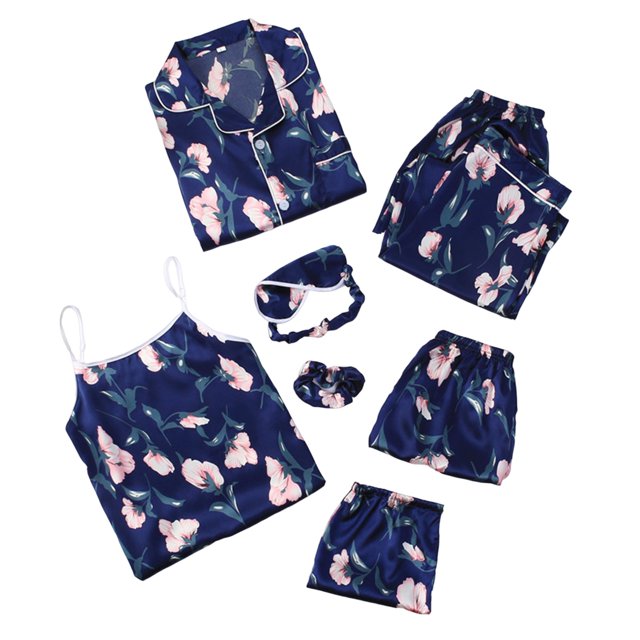 Gibobby Pijamas mujer invierno Conjunto de pijamas de 7 Uds. Para mujer, pijamas de talla grande para mujer, pijamas informales con tirantes de encaje para mujer(Azul,M)