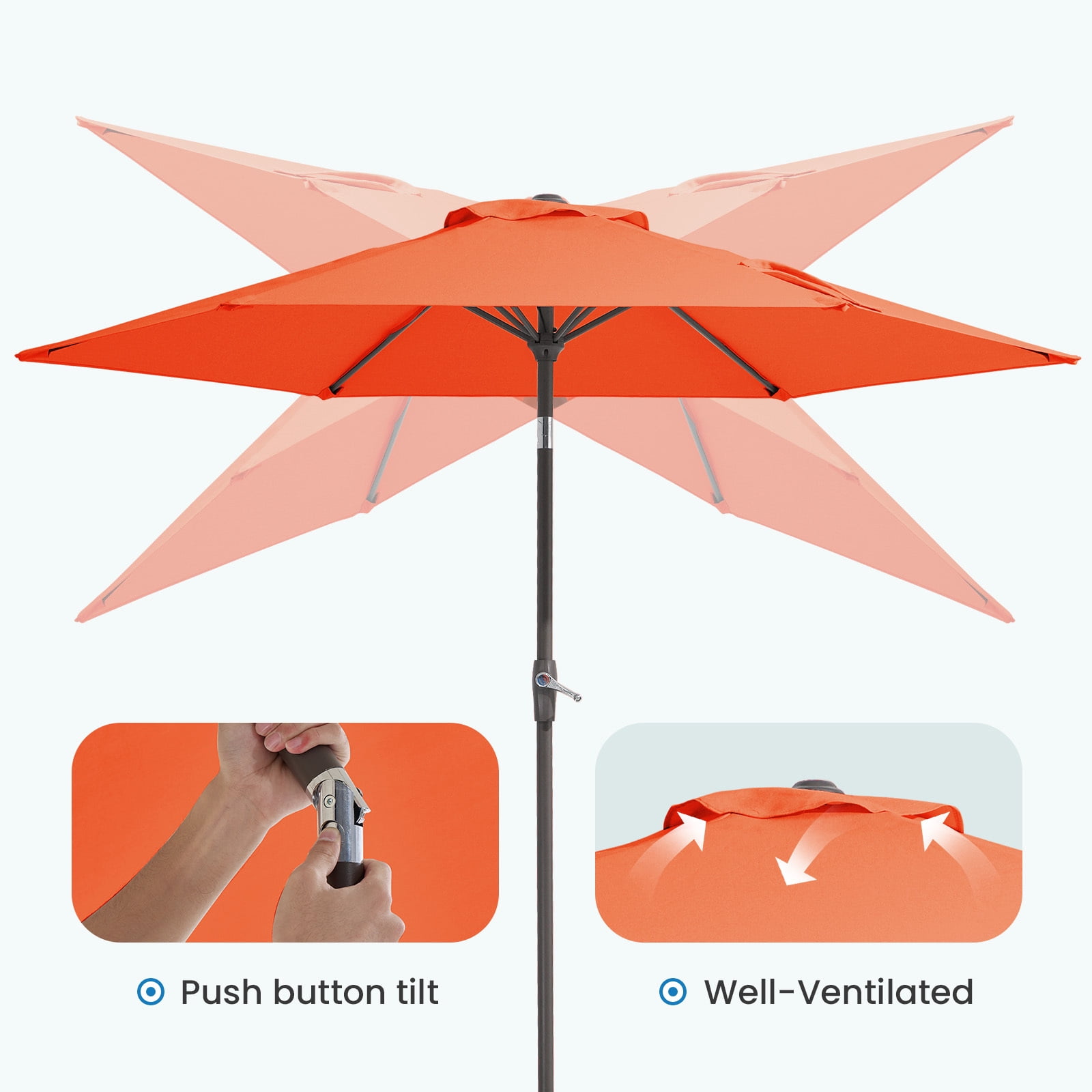 FUNDAZE 7.5' Outdoor Market Patio Umbrella with Push Button Tilt & Crank Lift, UV-Resistant Canopy for Garden, Backyard, Deck, Pool & Patio Dining, Orange