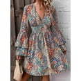 thumbnail image 5 of Women Print Wrap Boho V Neck Short Flared Sleeve Elastic Waist Drawstring Flowy Mini Dress Color Pattern L, 5 of 7