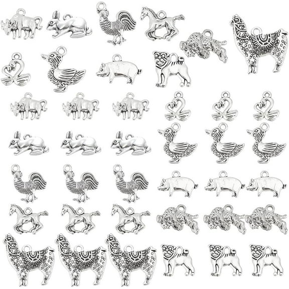 80 Pcs 10 Styles Farming Charm Pig Horse Duck Rabbit Shaped Animal Pendants Silver Metal Tibetan Style Charms for DIY Necklace Jewelry Findings 1.5mm Hole