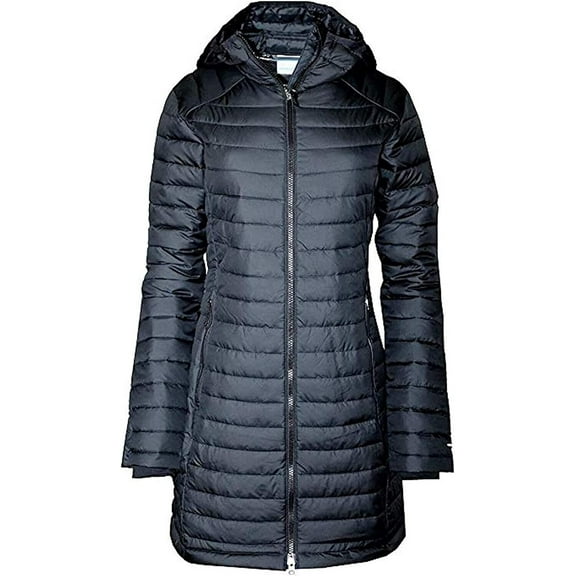 Columbia Women's White Out Mid Omni-Heat Long Hooded Jacket Coat Puffer (XXL, Black)
