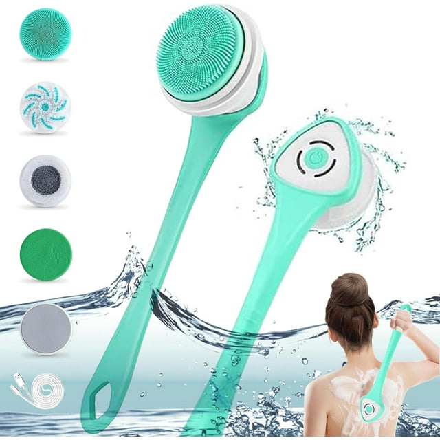 Cepillo corporal eléctrico recargable para la espalda, ideal para la ducha. Mango largo, exfoliante giratorio, cepillo limpiador facial para la ducha y el baño, para una limpieza profunda.