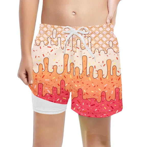 LRen Boys Swim Trunks with Compression Liner Kids Quick Dry Bathing Suit Boy Ice Cream Baseball Summer Swim Shorts