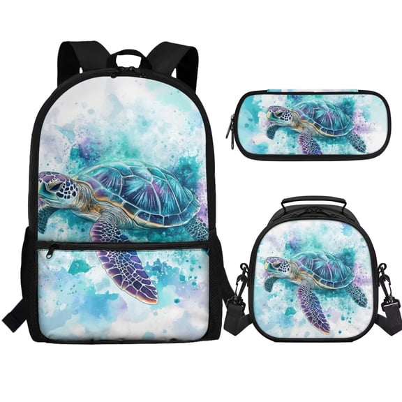 Jeiento Sea Turtle Backpack Set for Girls Elementary Middle School Backpack with Lunch Box Pencil Case 3Pcs Kids Bookbags for 5th Grade Boys Watercolor Book Bag Back to School Gifts Blue