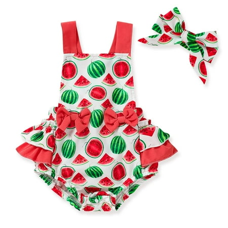 

GRNSHTS Infant Baby Girls Ruffle Romper Toddler Sleeveless Halter Bodysuit Jumpsuit+Headband Summer Clothes Watermelon 6-9 Months