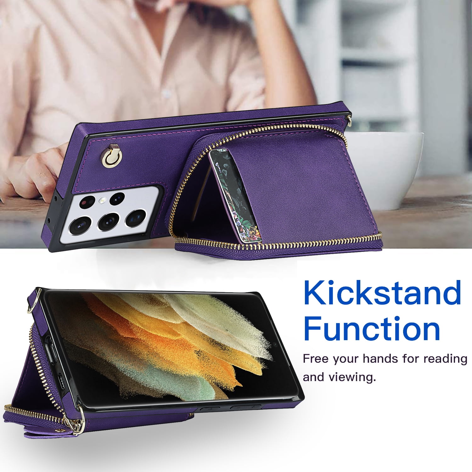 TECH CIRCLE For Galaxy S22 Ultra Wallet Case,Card Holder Phone Case for Women, Zipper PU Leather Purse Kickstand Folio Flip Case with Crossbody Strap for Samsung Galaxy S22 Ultra 6.8" 2022,Purple