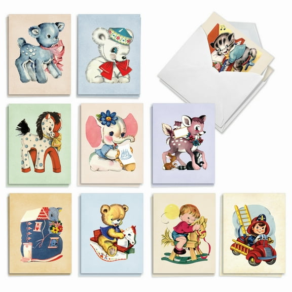 The Best Card Company 20 Assorted Blank Note Cards Bulk Box Set 4 x 5.12 Inch with Envelopes (10 Designs, 2 Each) Vintage Plush AM10031OCB-B2x10