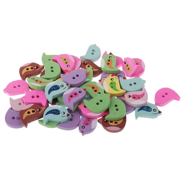 Juego de 50 botones de madera/botones para niños, costura, álbumes de recortes, manualidades. Pájaro Hugo Botones de madera impresos