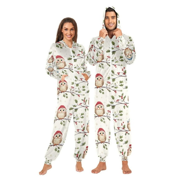 Adult Christmas Onesie Christmas Owl on A Branch Zipper One-Piece Pajamas Unisex with Pockets