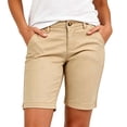 thumbnail image 2 of Women's Stretch Twill Bermuda Shorts with Pockets, Elastic Waist Casual Hiking Walking Athletic Shorts, 100% Polyester, Womens | VerBelle,Khaki L, 2 of 7