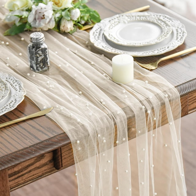6 piezas de camino de mesa de gasa perla beige de 120 pulgadas 10 pies, decoración de mesa de gasa estacional para cenas, festivas, de boda, cumpleaños, baby shower, para fiestas en casa