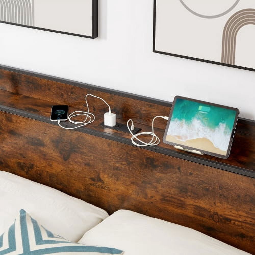 BSHTI Bed Frame with Charging Station Queen Size,Rustic Brown,87.80'' L x 61.80'' W x 39.2'' H