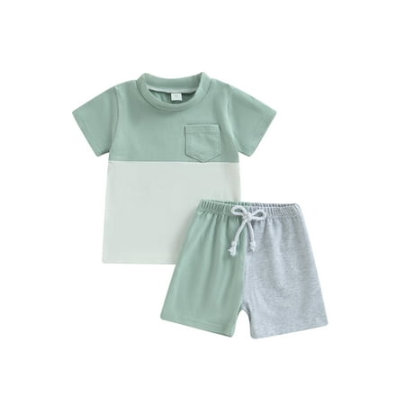

Suanret Toddler Kids Boys Shorts Sets Contrast Color Short Sleeve T-shirt Elastic Waist Shorts Summer Clothes Outfits Lake Green 2-3 Years