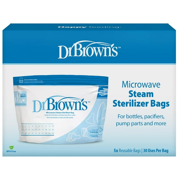 Dr. Brown's Microwave Steam Sterilizer Bags for Baby Bottles, Pacifiers, Pump Parts and Accessories, Travel Baby Bottle Sterilizer, 30 Uses per Bag, 5-Pack C24