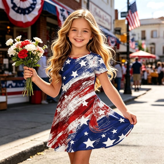 XINPING Summer Dress for Girls 4th Of July American Flag Printed Dresses Casual A-Line Short Sleeve Cute Tank Dresses Fashion Independence Day Round-Neck 4-13 Years