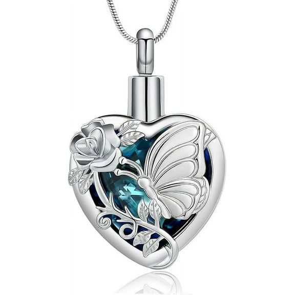 Crystal Heart Cremation Jewelry Butterfly Urn Necklaces for Ashes for Women Men with Birthstone Cremation Ashes Necklace for Human / Pet