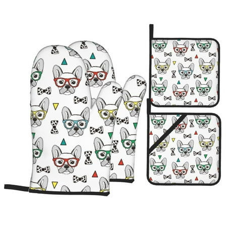 

Oven Mitts and Pot Holders 4 Piece French Bulldog Colored Glasses High Heat Slip Resistant Oven Mitt and Trivets Set Kitchen Oven Glove Pot Holders for Cooking Baking Grilling