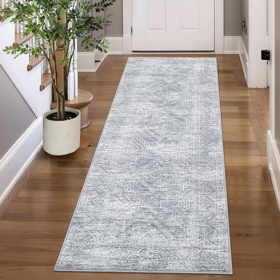 Washable Runner Rug 2x6 Runner Vintage Rug Non Slip Kitchen Rug Distressed Grey Rug Low Pile Entryway Rug Soft Bathroom Rugs Stain Resistant Carpet for Bedroom Hallway Laundry 2'x6' Grey