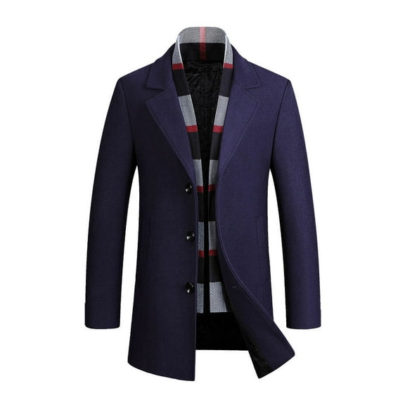 Njoeus Mens Wooen Blends Pea Coat with Detachable Soft Scarf Single Breasted Warm Fall Winter Trench Coat for Mens Stylish Business