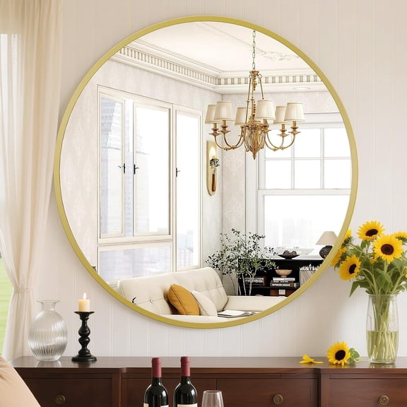 24 Inch Gold Round Wall Mirror, Tempered Glass Anti-Fog Waterproof Bathroom Mirror Over Sink, Shatterproof Circular Vanity Mirror for Bathroom Entryway Bedroom