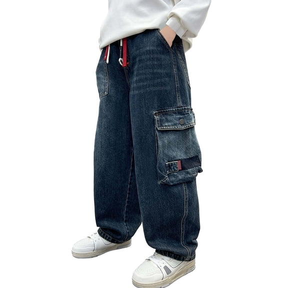 Tiijoy Little Boys Baggy Cargo Jeans Trendy Elastic Waist Wide Leg Jeans, Sizes 6-16