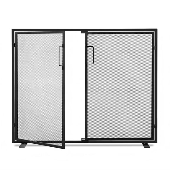 SHOUFTW 2-Panel Hinged Fireplace Screen, Wrought Iron Spark Guard, Black Safety Gate for Living Room & Fireplace