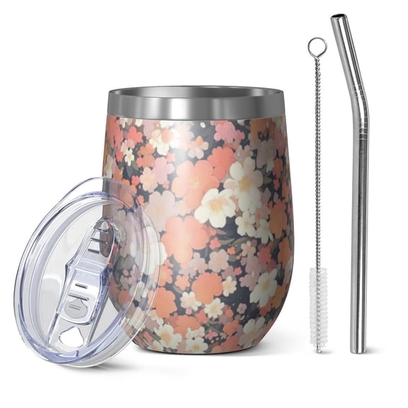 12oz Stemless Wine Tumblers Pioneer Flower Vacuum Insulated Stainless Steel Travel Tumbler Cups Mug with Lid and Straw for Champaign,Cocktail,Beer with Cleaning Brush