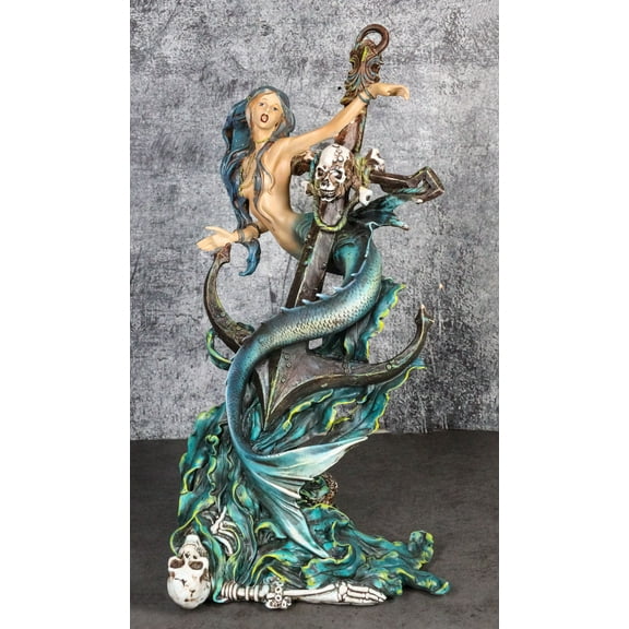 Siren Mermaid Holding Ship Anchor with Skulls On Ocean Waves Home Decor Figurine