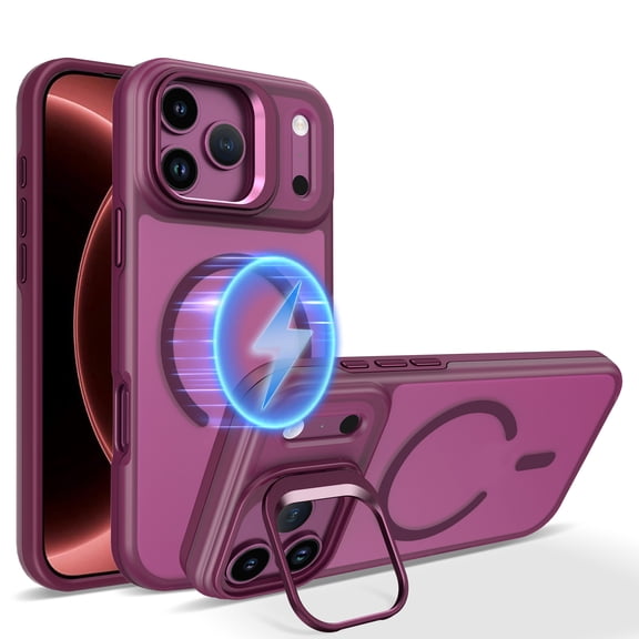 Dteck for iPhone 18 Pro Case / iPhone 17 Pro Case with Camera Stand, Compatible with MagSafe, Matte Translucent Magnetic Phone Cover,Winered