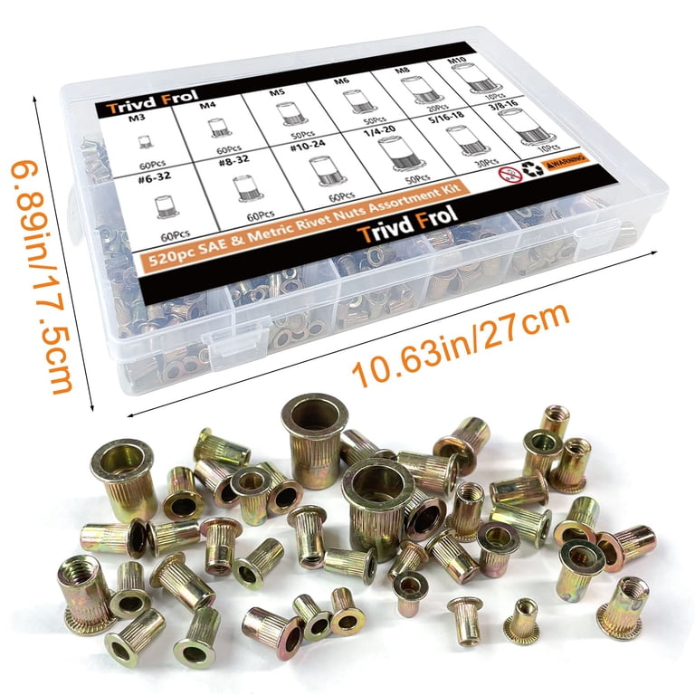 230-Piece Metric Rivet Nut Assortment Kit – M3 To M12 Flat Head Carbon Steel Nutserts With Zinc Plating & Storage Case
