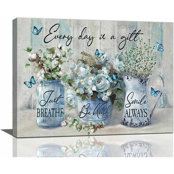 Farmhouse Bathroom Wall Decor Rustic Art Country Eucalyptus Painting Picture for Blue Butterfly Cotton Flower Pictures Canvas Prints Framed Home 16''''x12''''