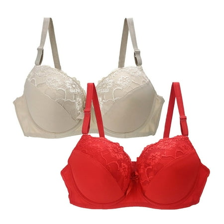Pejock 2PCs Bra for Women No Underwire Lace Bralettes Sexy Lace Bra with Deep V Neck Everyday Comfort Padded Bras