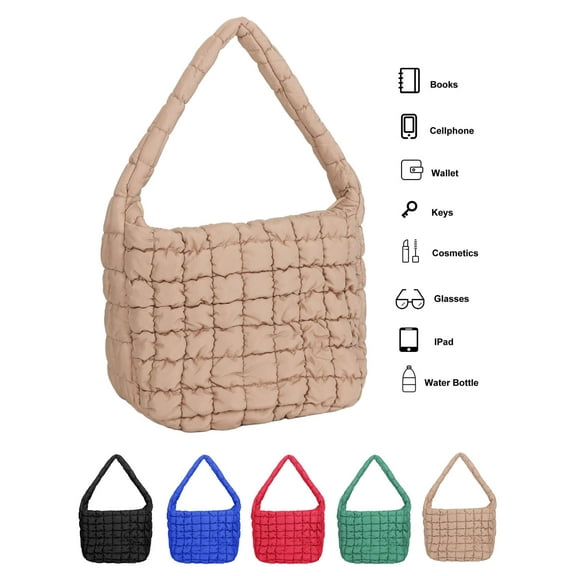 Deago Women's Quilted Bag Large Puffer Tote Bag Lightweight Padding Shoulder Bag Satchel Handbag Zipper Bag (Black)