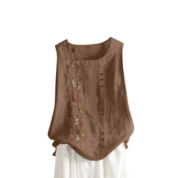 Admvng Womens Tank Tops Loose Fit Plus Size Embroidered Button Sleeveless Cotton and Linen Top S-5XL